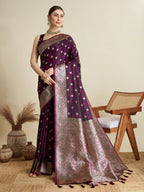 Soft Satin Silk Wine Saree with Rich Zari Motifs, Contrast Border & Elegant Blouse