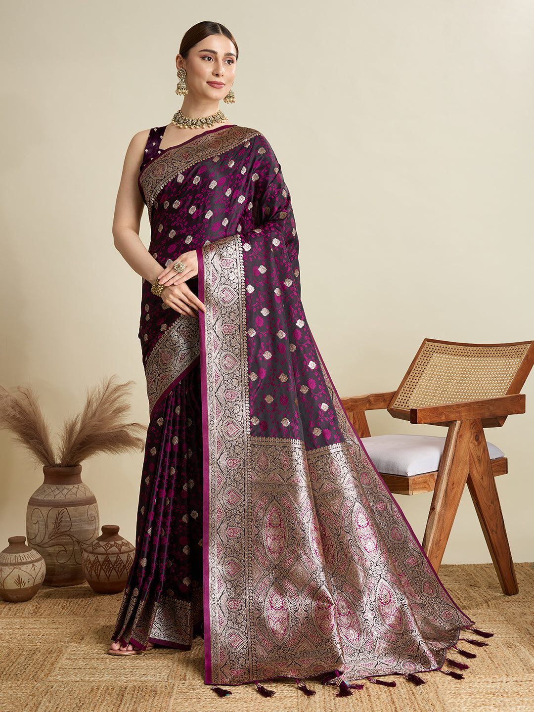 Soft Satin Silk Wine Saree with Rich Zari Motifs, Contrast Border & Elegant Blouse