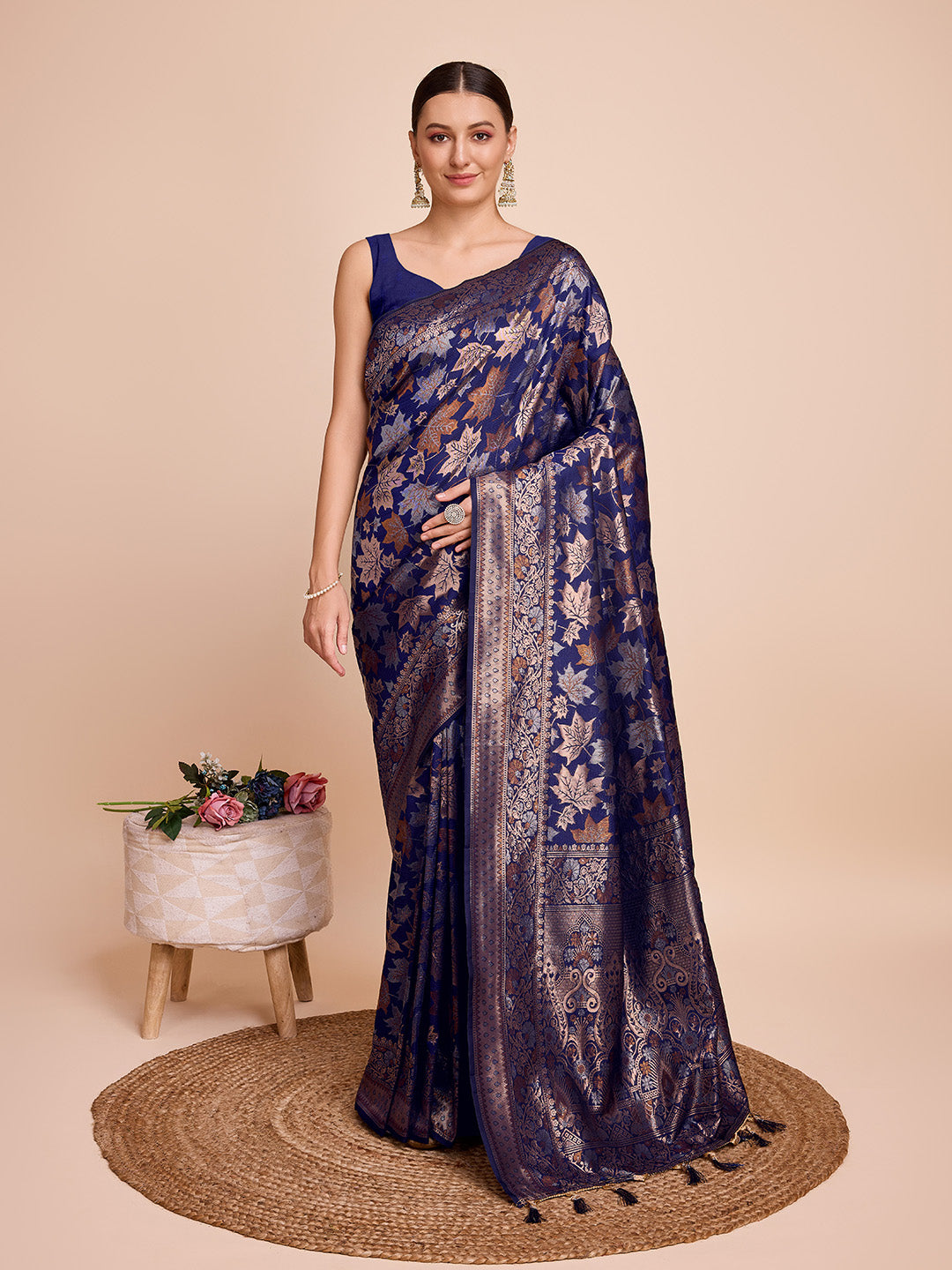 Navy Blue Pure Silk Saree – Double Zari Weaving with Soft Zari Border & Contrast Gold/Copper Accents