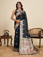 Black Soft Silk Saree in Premium Two-Tone Satin with Paithani Design, Rich Zari Pallu & Contrast Mina Border