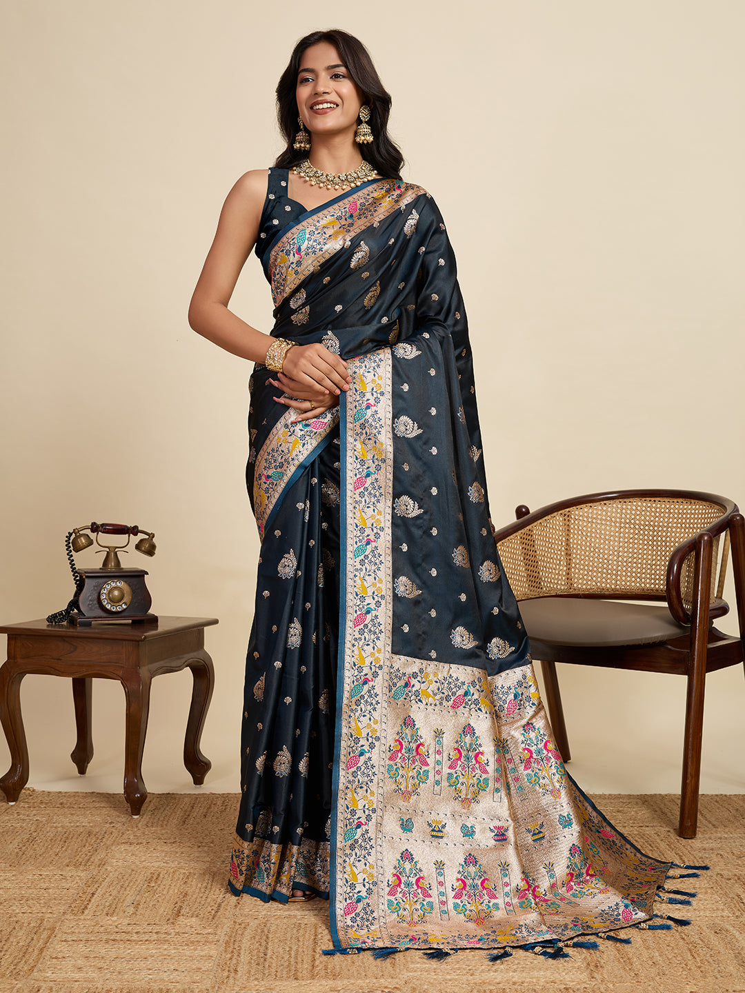 Black Soft Silk Saree in Premium Two-Tone Satin with Paithani Design, Rich Zari Pallu & Contrast Mina Border