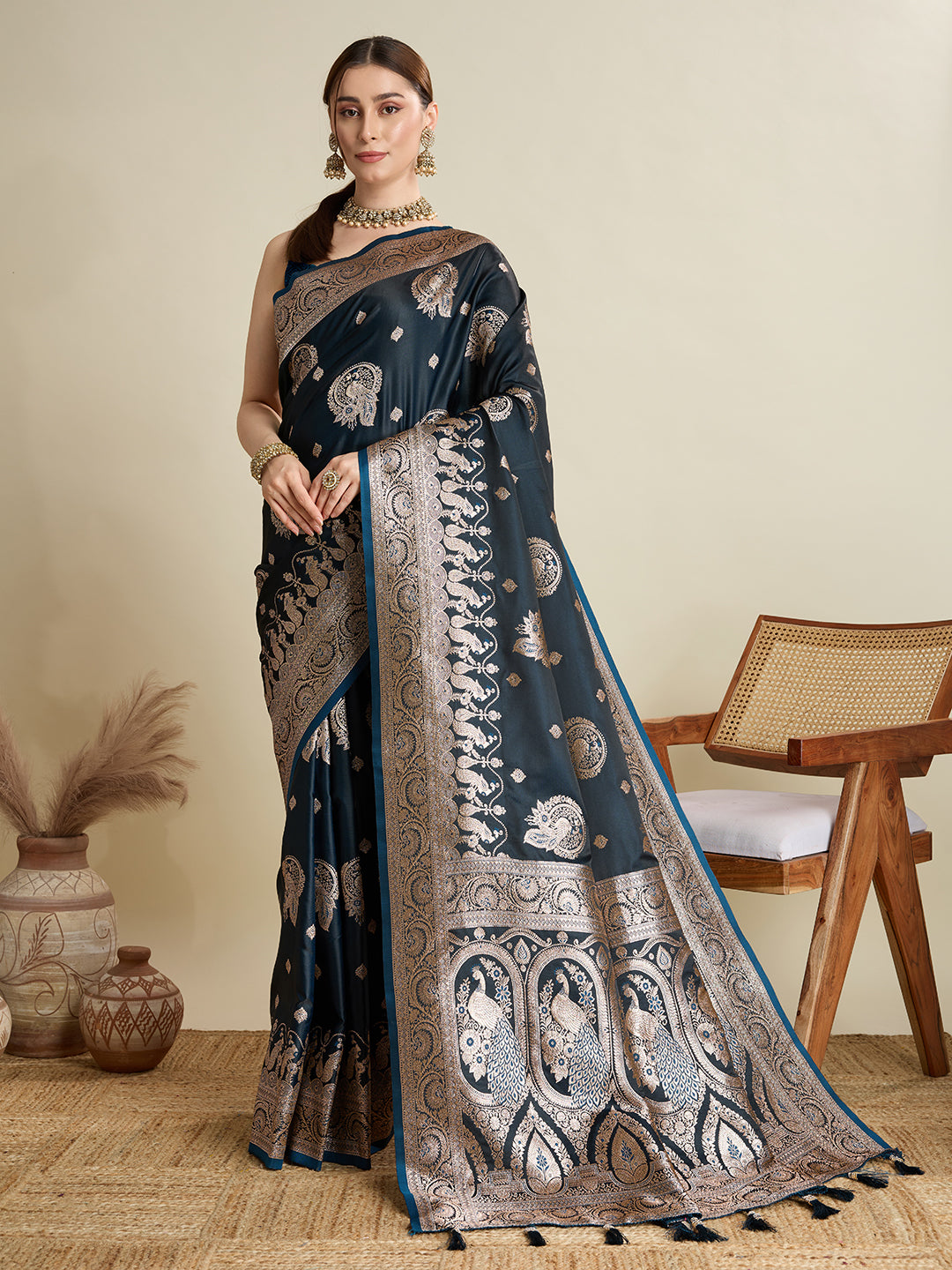 Soft Satin Silk NavyBlue Saree with Rich Zari Motifs, Contrast Border & Elegant Blouse