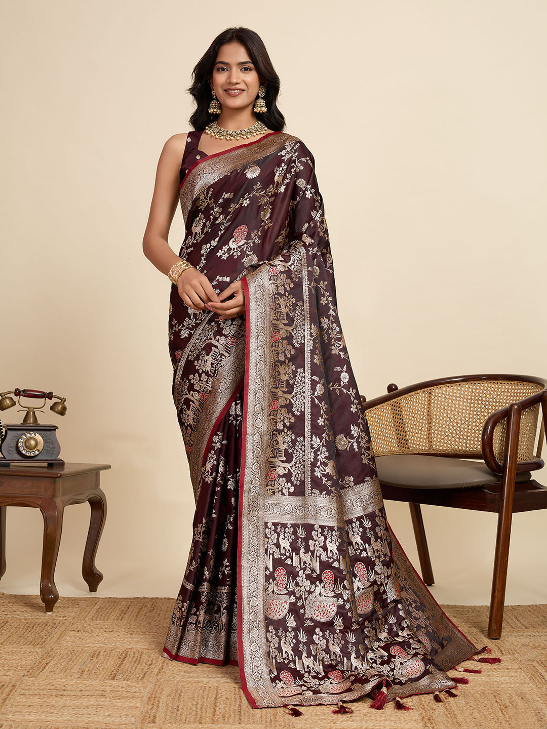 Premium Brown  Two-Tone Satin Soft Silk Saree with All Over Zari Work & Contrast Woven Border (Copy)