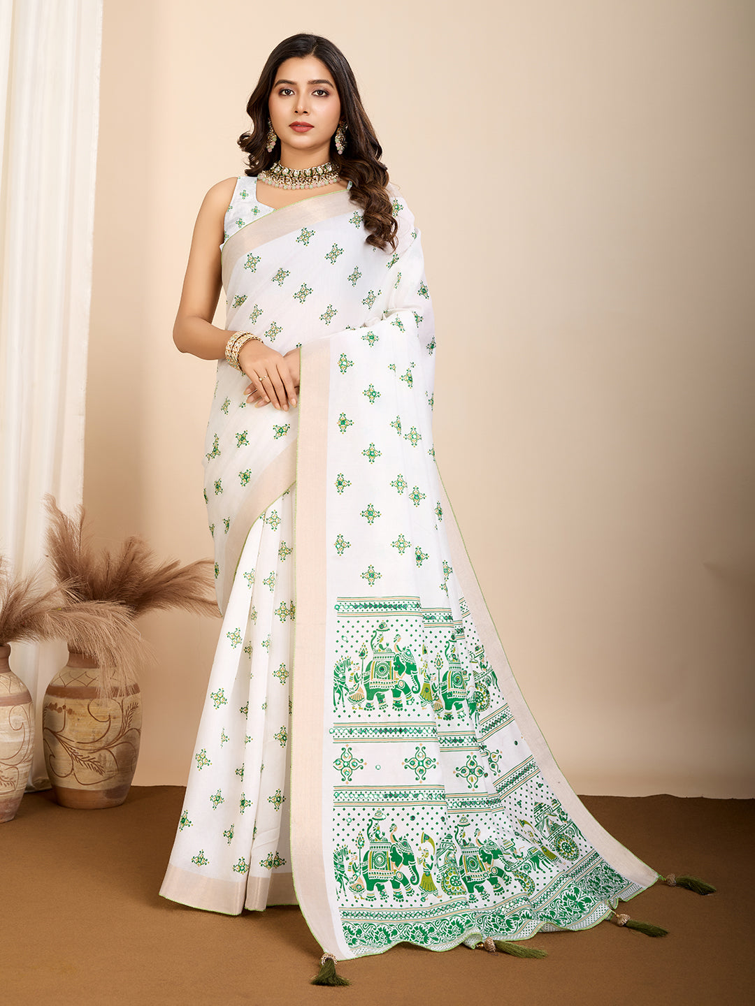 Green Semi-Cotton Saree with Zari Border – Soft, Traditional & Elegant