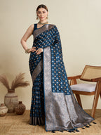 Soft Satin Silk Navy blue Saree with Rich Zari Motifs, Contrast Border & Elegant Blouse