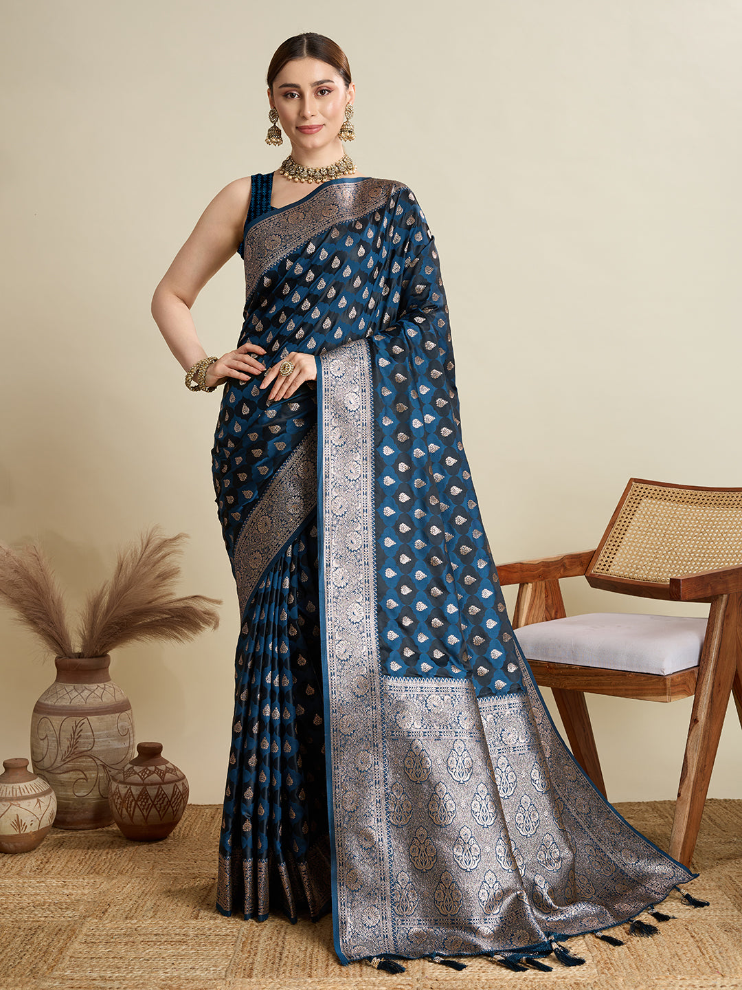 Soft Satin Silk Navy blue Saree with Rich Zari Motifs, Contrast Border & Elegant Blouse