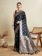 Soft Satin Silk Black Saree with Rich Zari Motifs, Contrast Border & Elegant Blouse
