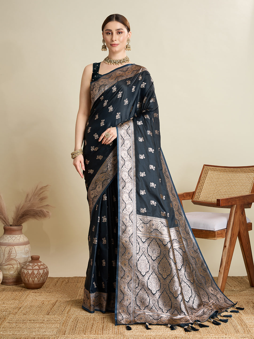 Soft Satin Silk Black Saree with Rich Zari Motifs, Contrast Border & Elegant Blouse