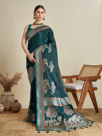 Soft Satin Silk Green Saree with Rich Zari Motifs, Contrast Border & Elegant Blouse