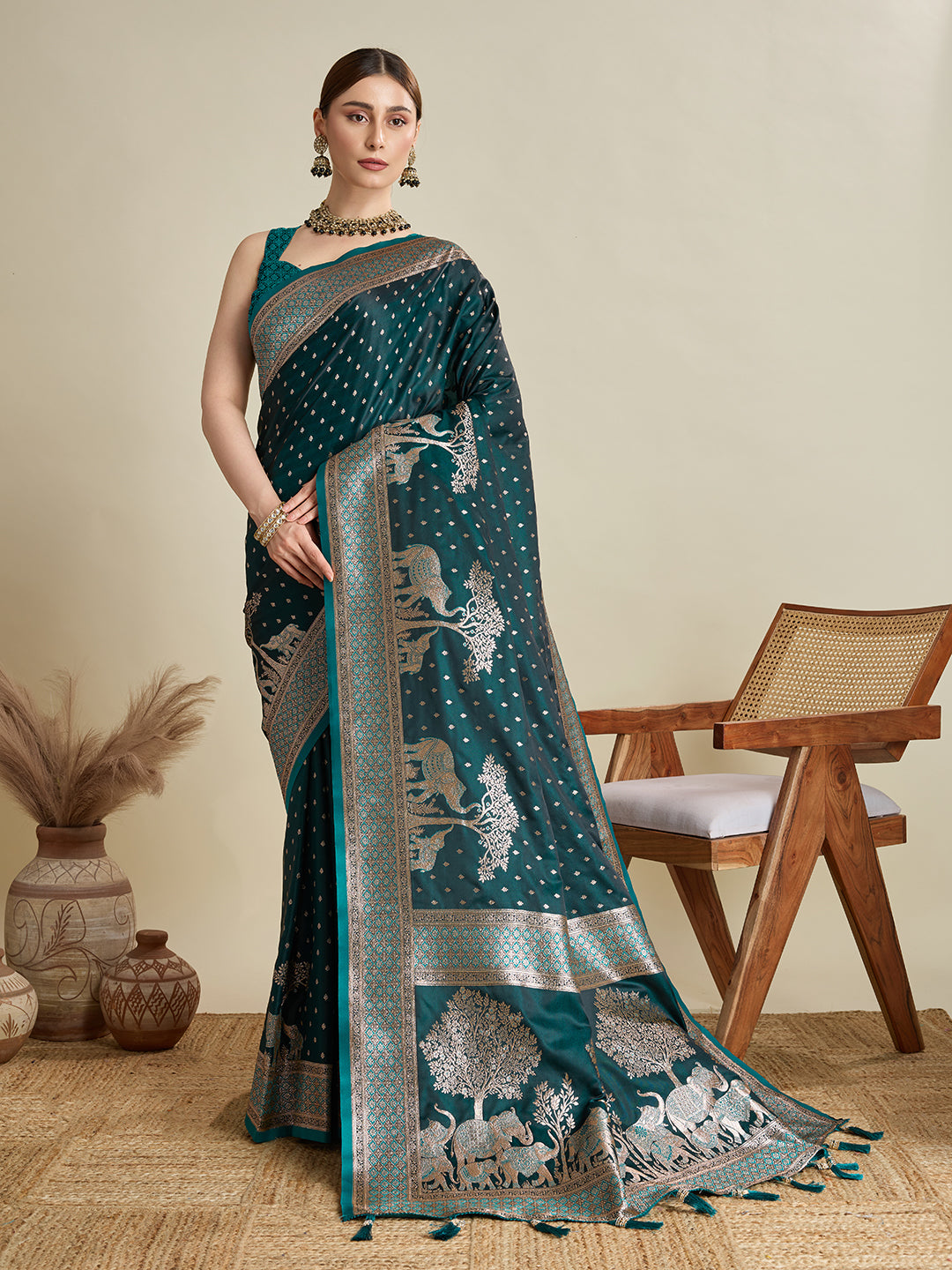 Soft Satin Silk Green Saree with Rich Zari Motifs, Contrast Border & Elegant Blouse