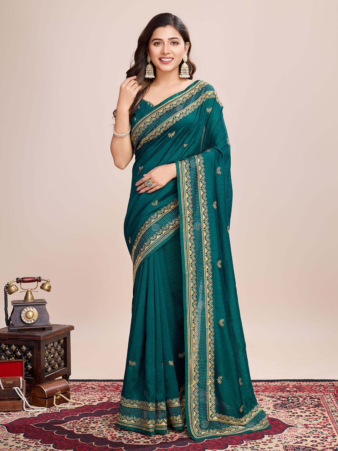 Soft Vichitra Silk Rama Saree with Intricate Multicolor Floral Work & Coordinated Embroidered