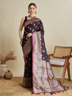 Soft Satin Silk Wine Saree with Rich Zari Motifs, Contrast Border & Elegant Blouse