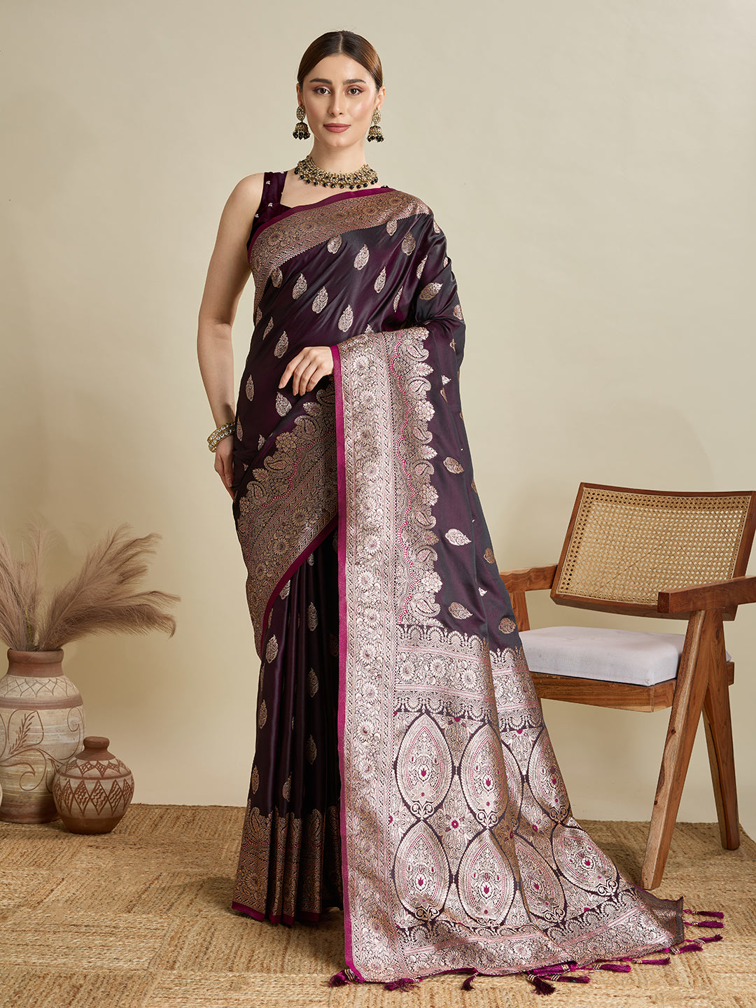 Soft Satin Silk Wine Saree with Rich Zari Motifs, Contrast Border & Elegant Blouse