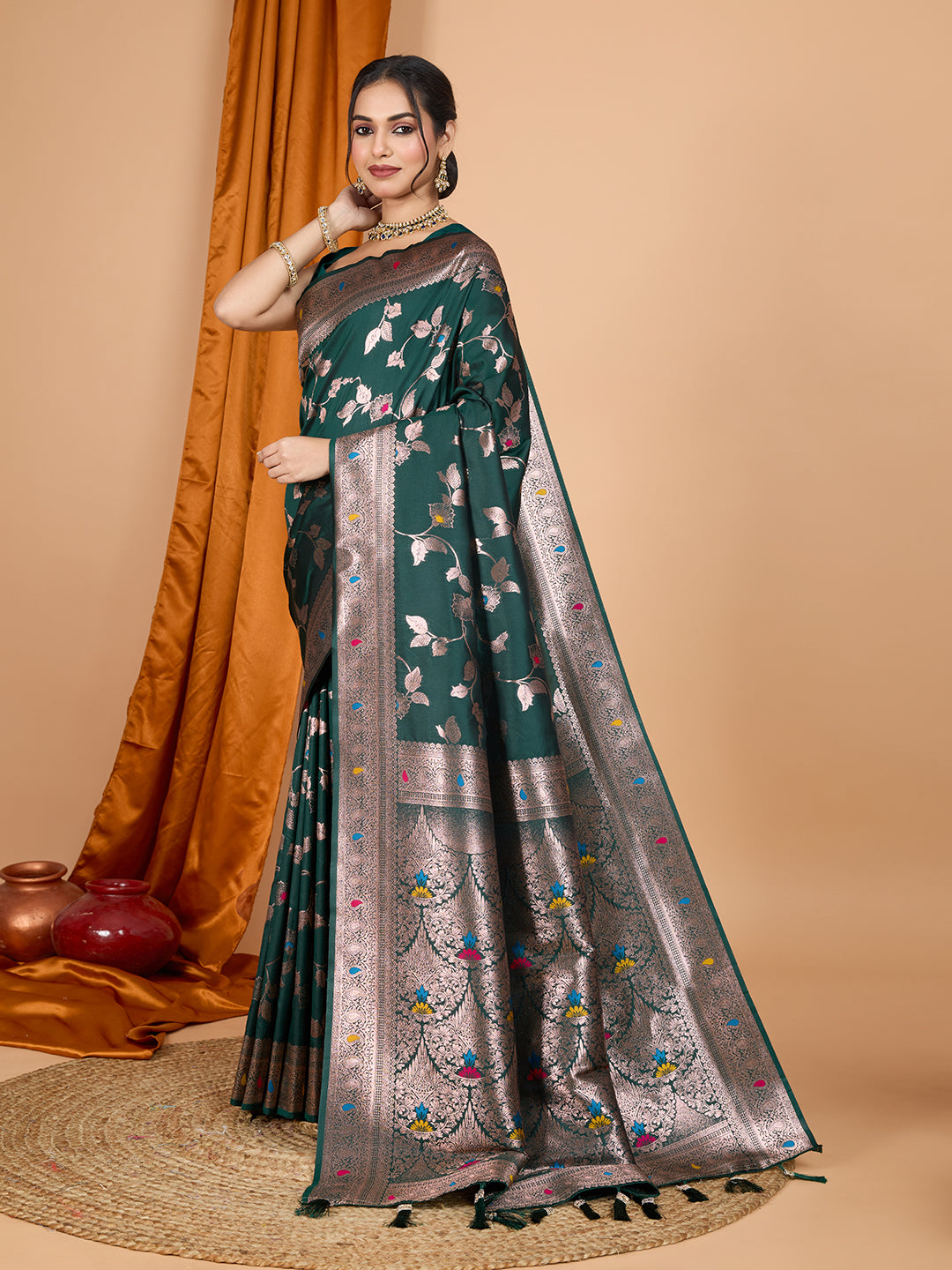 Dark Green Soft Banarasi Silk Saree Featuring Meenakari Zari Weaving & Tassels on Pallu