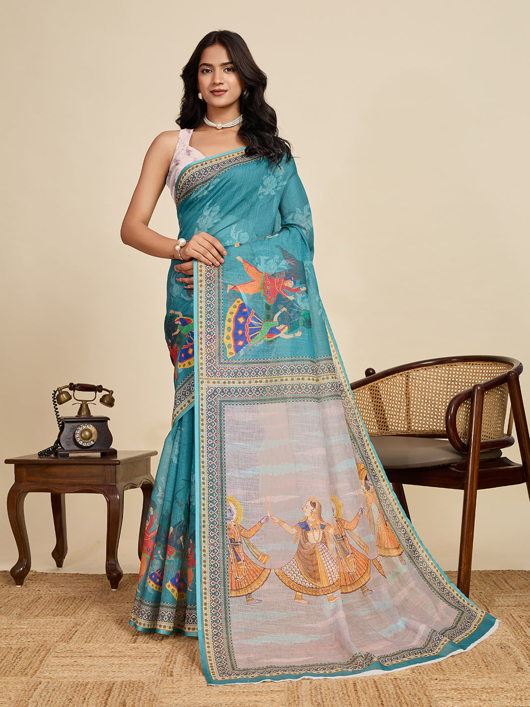Women's Sky Color Linen Saree with Jari Border and Blouse – Printed All Over Designer