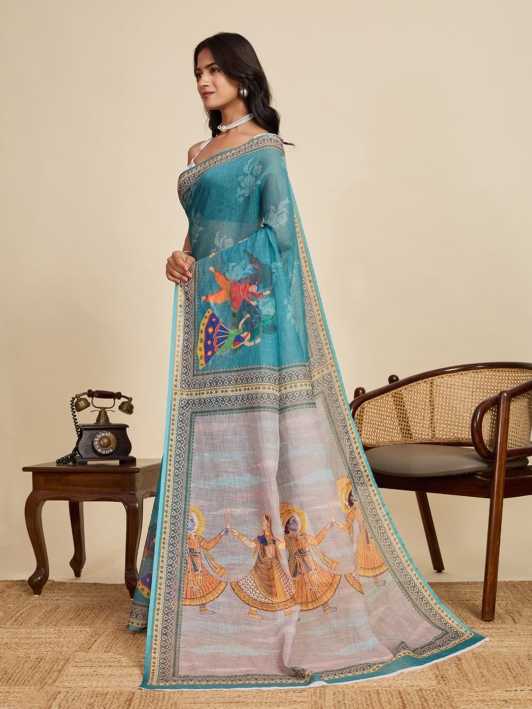 Women's Sky Color Linen Saree with Jari Border and Blouse – Printed All Over Designer
