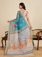 Women's Sky Color Linen Saree with Jari Border and Blouse – Printed All Over Designer