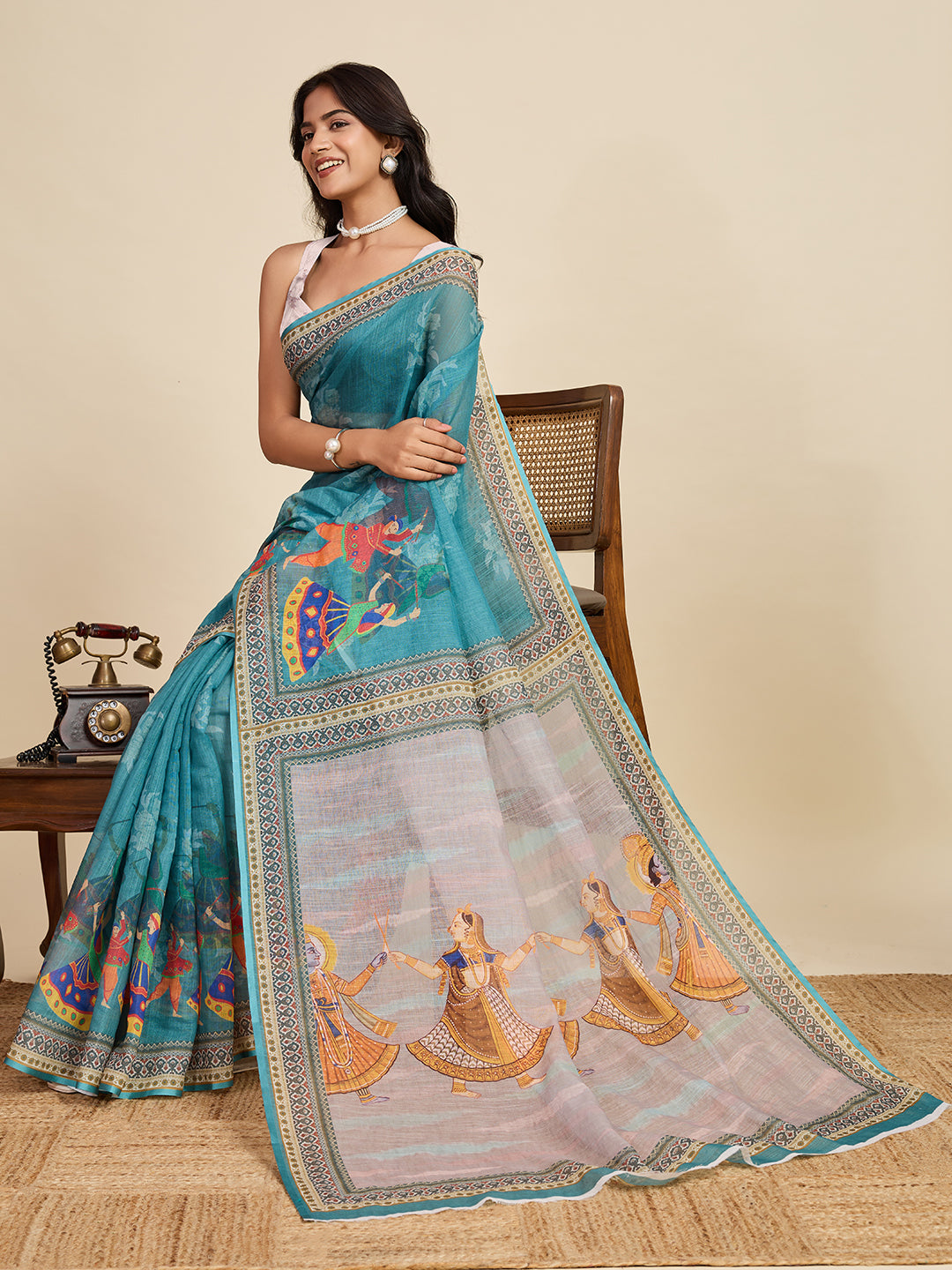 Women's Sky Color Linen Saree with Jari Border and Blouse – Printed All Over Designer