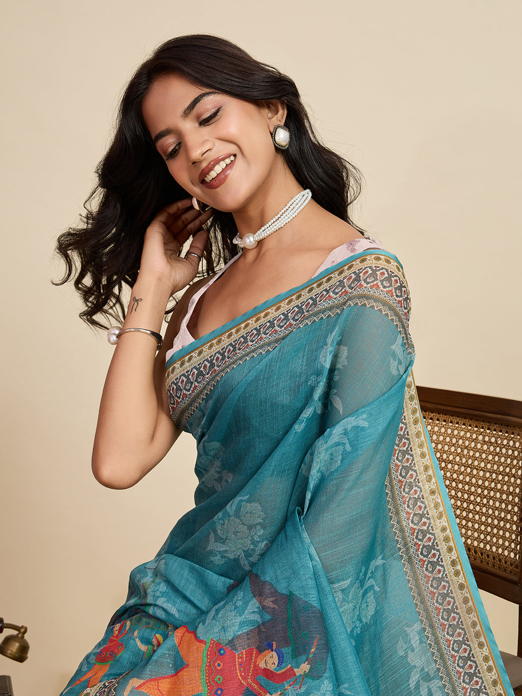 Women's Sky Color Linen Saree with Jari Border and Blouse – Printed All Over Designer