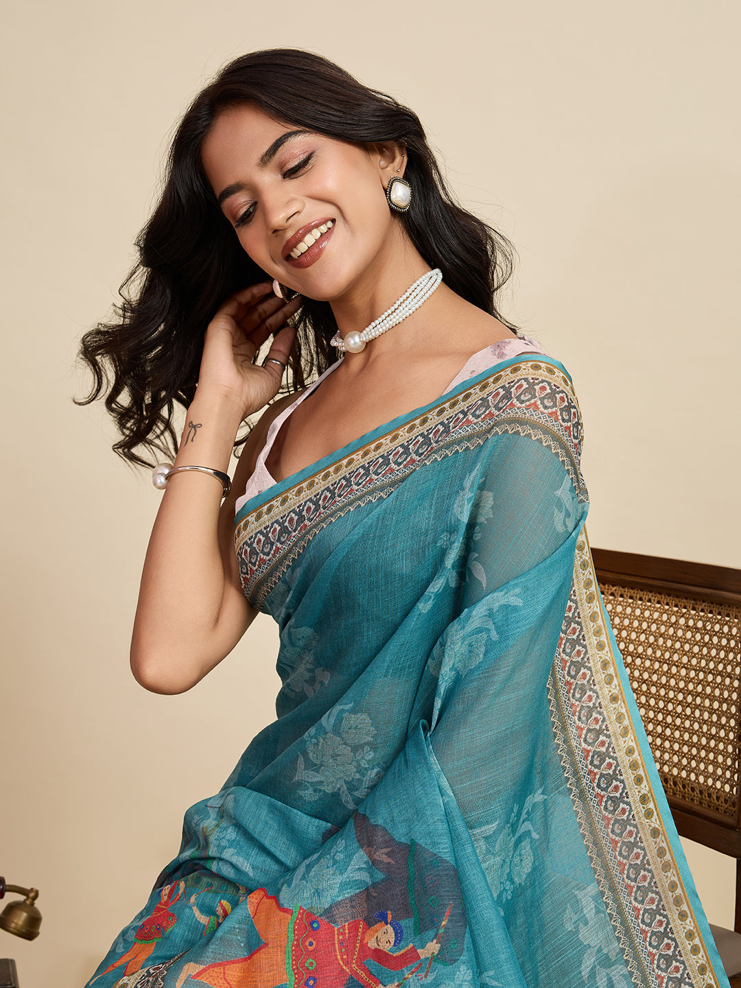 Women's Sky Color Linen Saree with Jari Border and Blouse – Printed All Over Designer