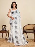 Women's White Color Linen Saree with Jari Border and Blouse Printed All Over Designer