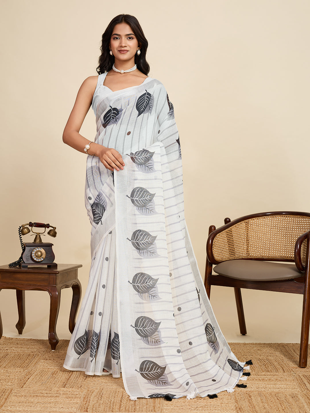 Women's White Color Linen Saree with Jari Border and Blouse Printed All Over Designer