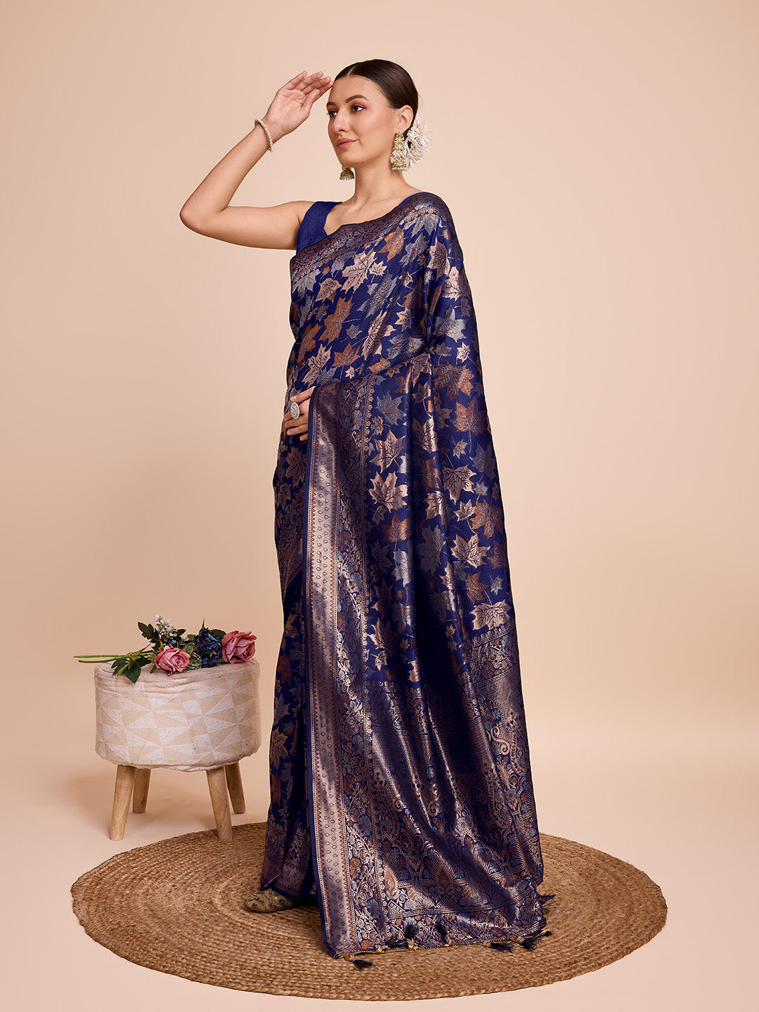 Navy Blue Pure Silk Saree – Double Zari Weaving with Soft Zari Border & Contrast Gold/Copper Accents