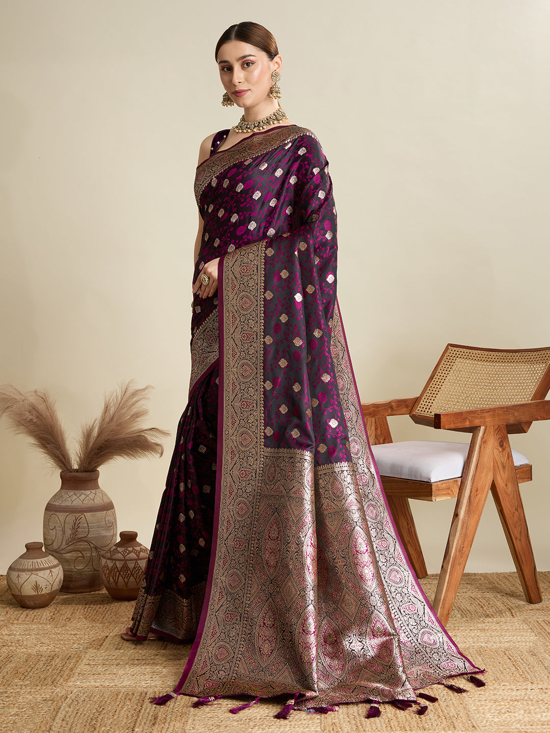 Soft Satin Silk Wine Saree with Rich Zari Motifs, Contrast Border & Elegant Blouse