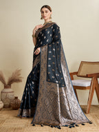 Soft Satin Silk Black Saree with Rich Zari Motifs, Contrast Border & Elegant Blouse