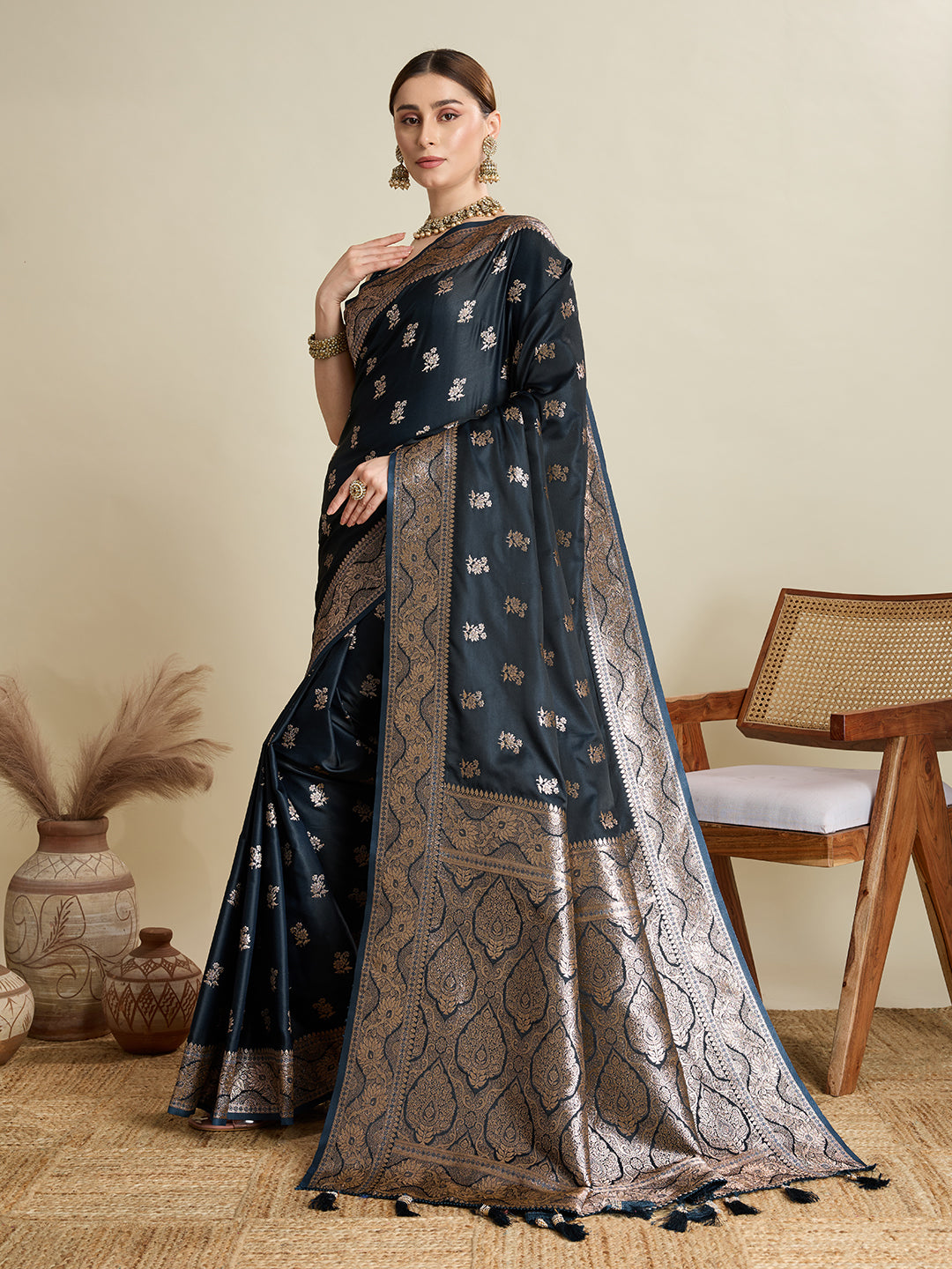 Soft Satin Silk Black Saree with Rich Zari Motifs, Contrast Border & Elegant Blouse
