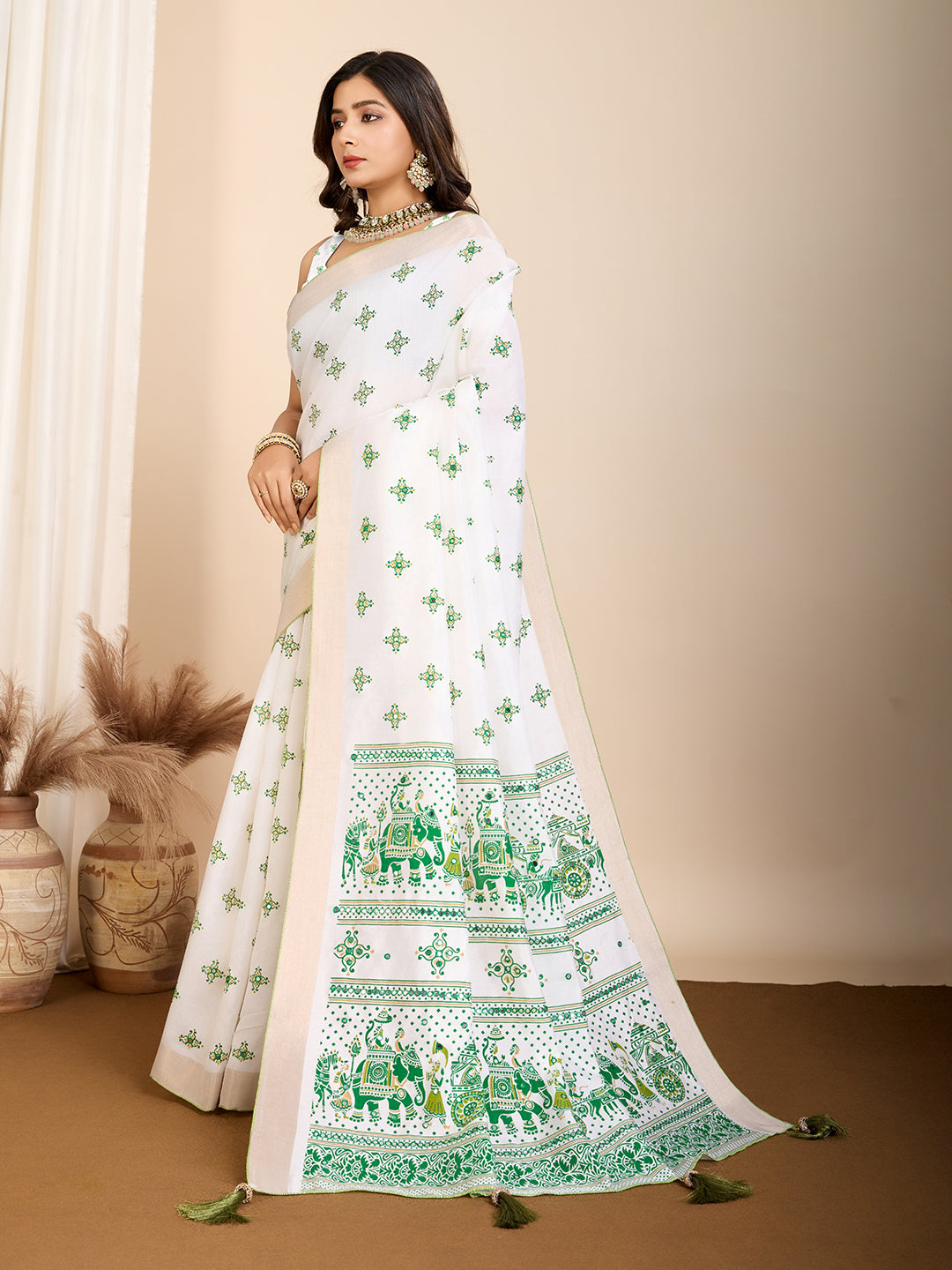Green Semi-Cotton Saree with Zari Border – Soft, Traditional & Elegant
