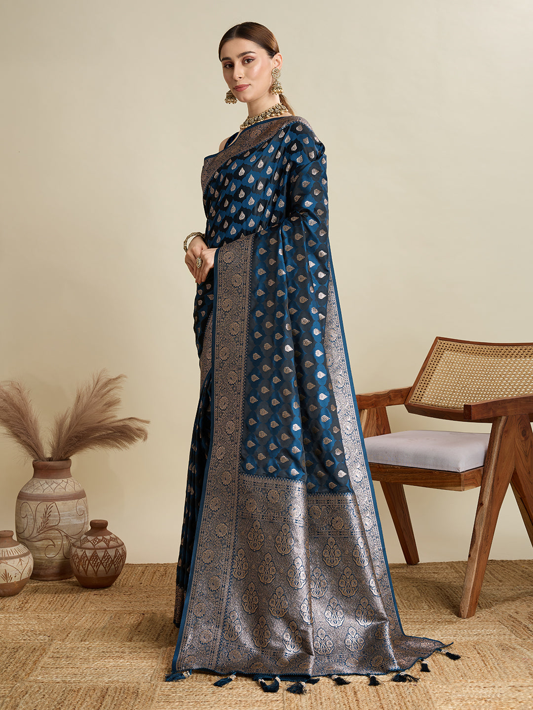 Soft Satin Silk Navy blue Saree with Rich Zari Motifs, Contrast Border & Elegant Blouse