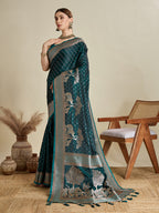 Soft Satin Silk Green Saree with Rich Zari Motifs, Contrast Border & Elegant Blouse