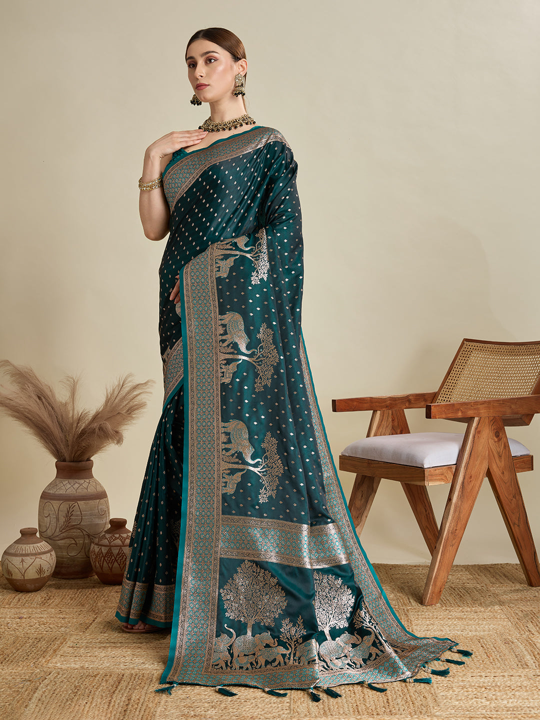 Soft Satin Silk Green Saree with Rich Zari Motifs, Contrast Border & Elegant Blouse