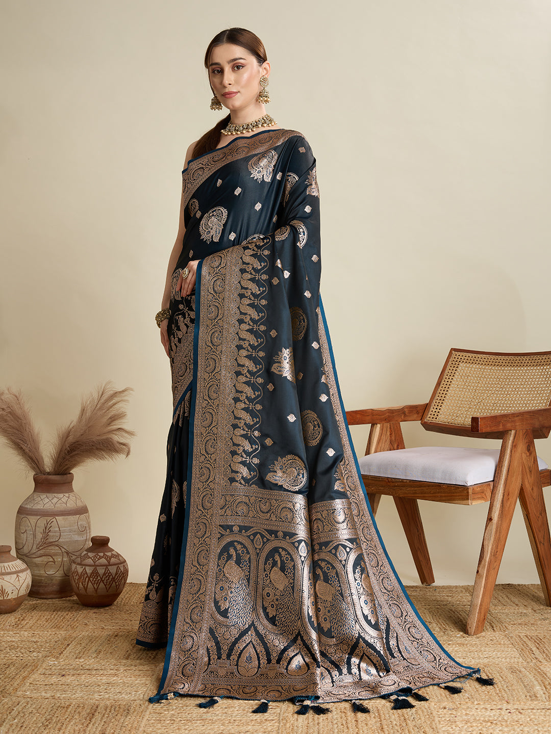 Soft Satin Silk Blue Saree with Rich Zari Motifs, Contrast Border & Elegant Blouse