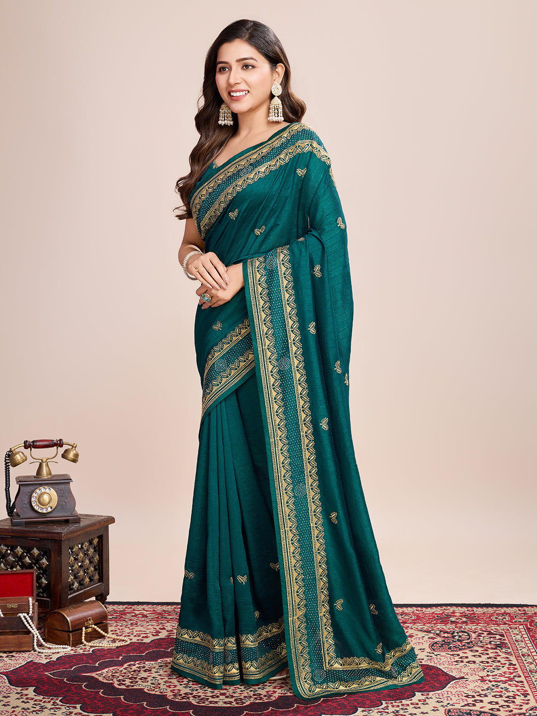 Soft Vichitra Silk Rama Saree with Intricate Multicolor Floral Work & Coordinated Embroidered