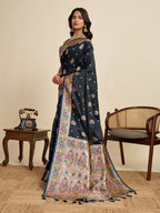 Black Soft Silk Saree in Premium Two-Tone Satin with Paithani Design, Rich Zari Pallu & Contrast Mina Border