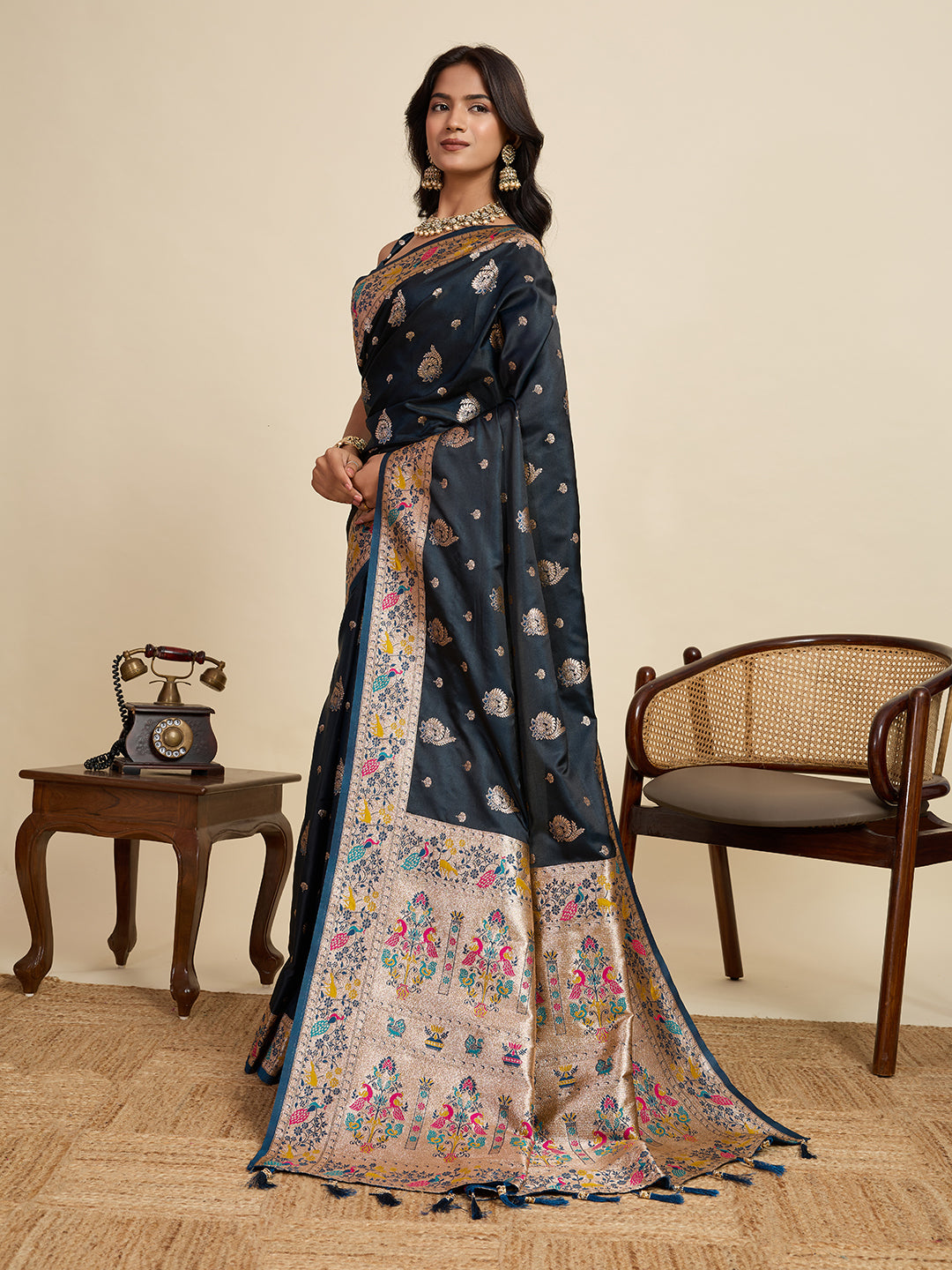 Black Soft Silk Saree in Premium Two-Tone Satin with Paithani Design, Rich Zari Pallu & Contrast Mina Border