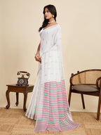 Women's White Color Linen Saree with Jari Border and Blouse – Printed All Over Designer