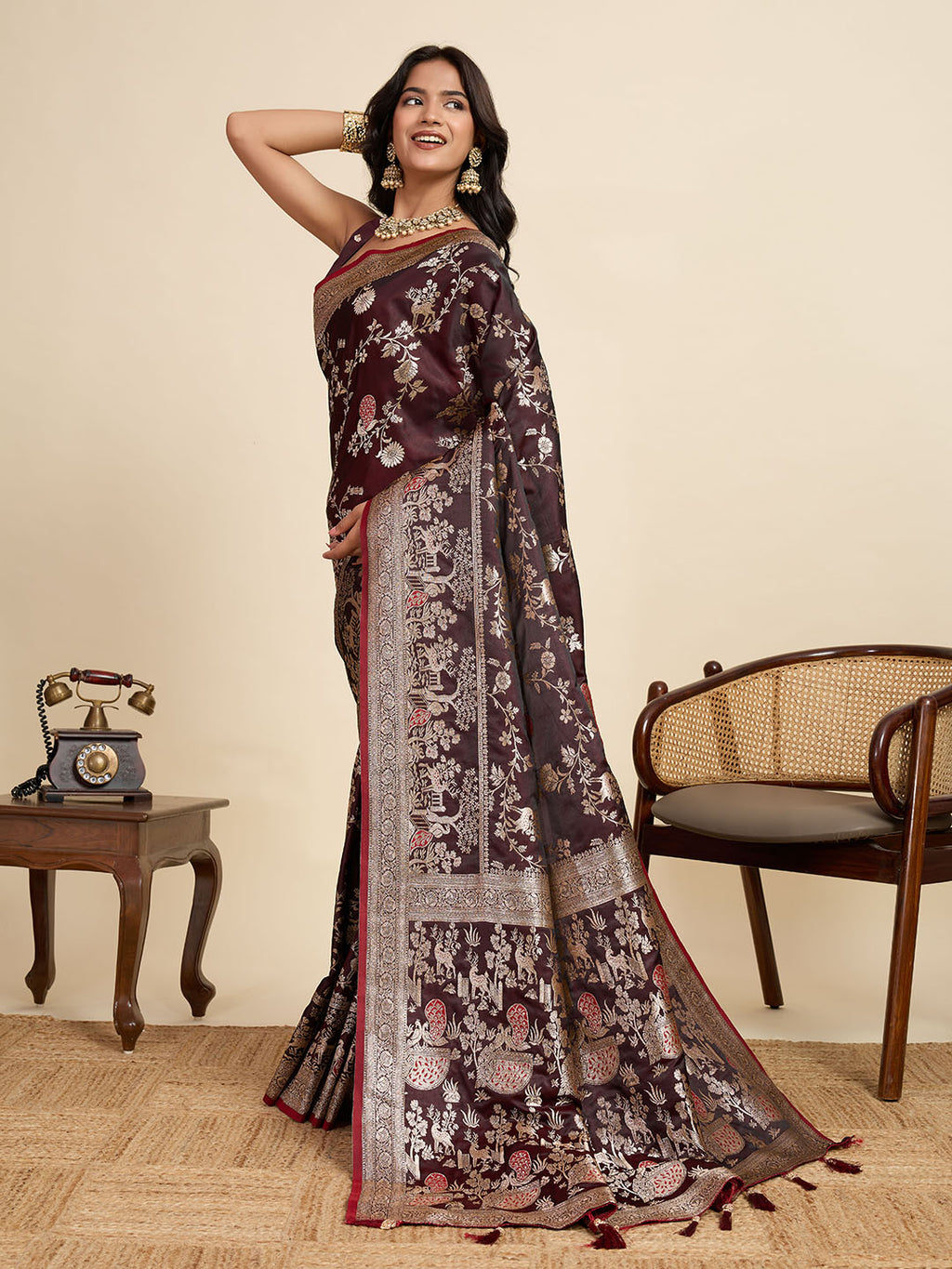 Premium Brown  Two-Tone Satin Soft Silk Saree with All Over Zari Work & Contrast Woven Border (Copy)