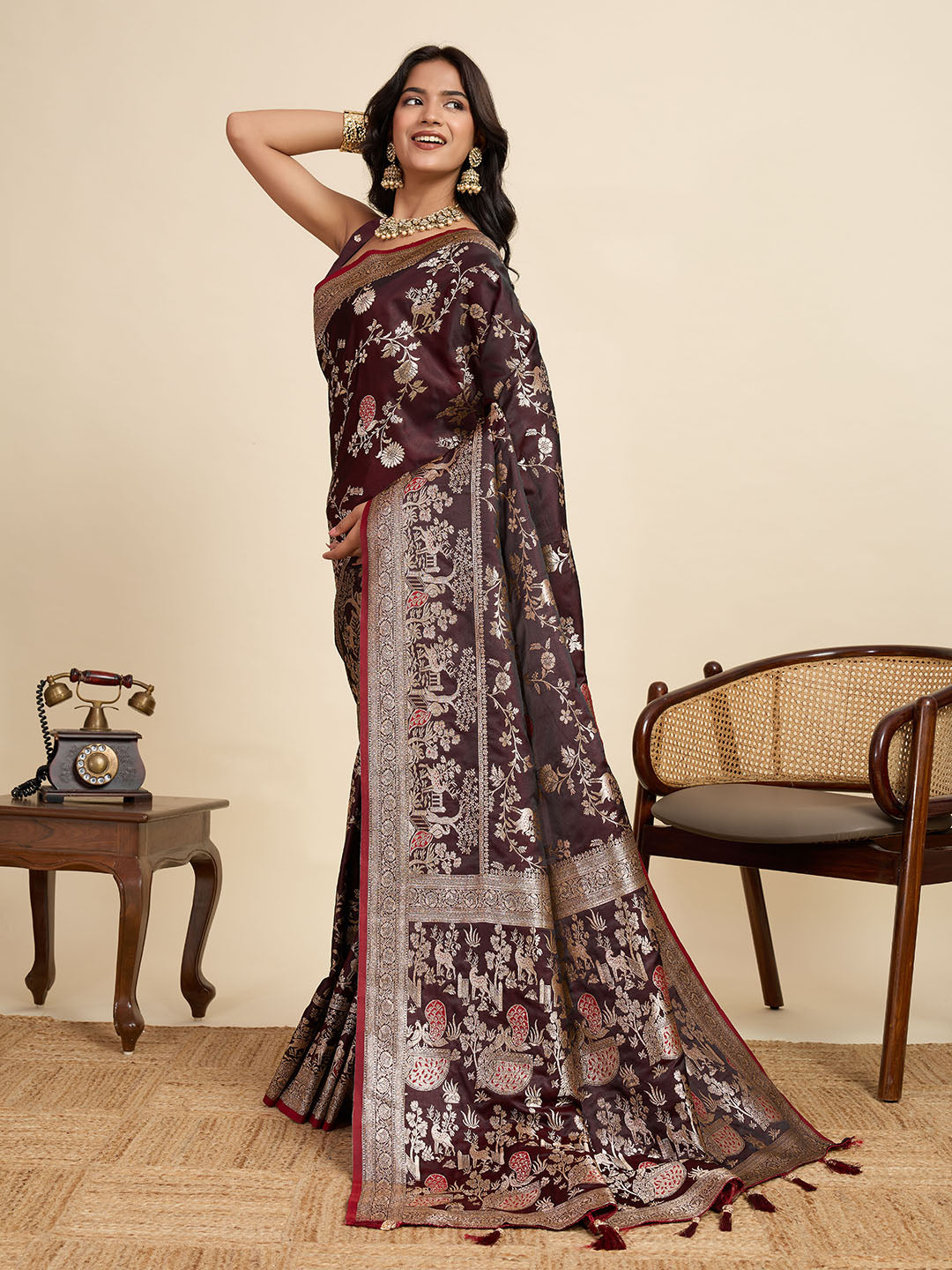 Premium Brown  Two-Tone Satin Soft Silk Saree with All Over Zari Work & Contrast Woven Border (Copy)