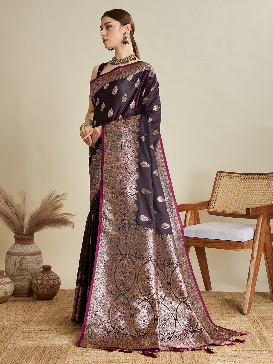 Soft Satin Silk Wine Saree with Rich Zari Motifs, Contrast Border & Elegant Blouse