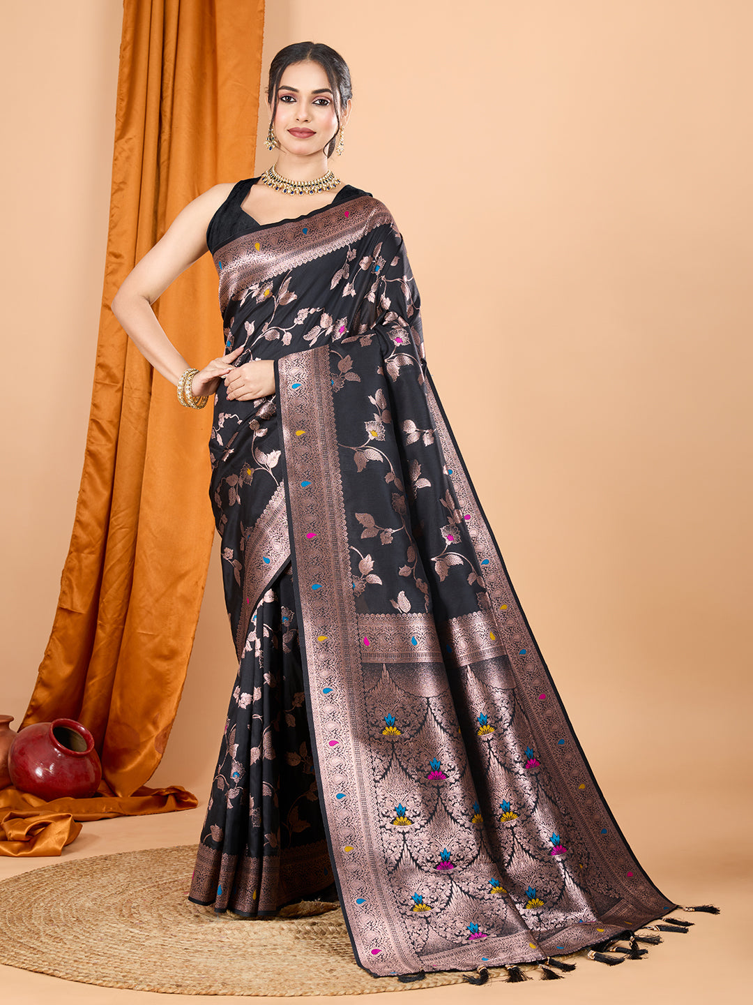 Black Soft Banarasi Silk Saree Featuring Meenakari Zari Weaving & Tassels on Pallu