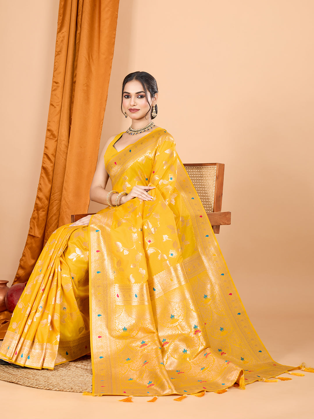 Yellow Soft Banarasi Silk Saree Featuring Meenakari Zari Weaving & Tassels on Pallu