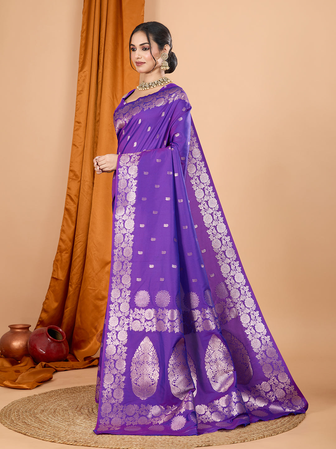 Purple Soft Banarasi Silk Saree Featuring Meenakari Zari Weaving & Tassels on Pallu