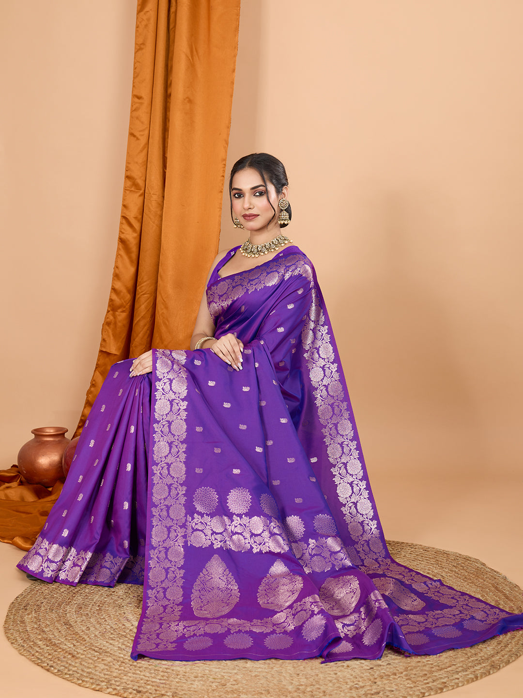 Purple Soft Banarasi Silk Saree Featuring Meenakari Zari Weaving & Tassels on Pallu