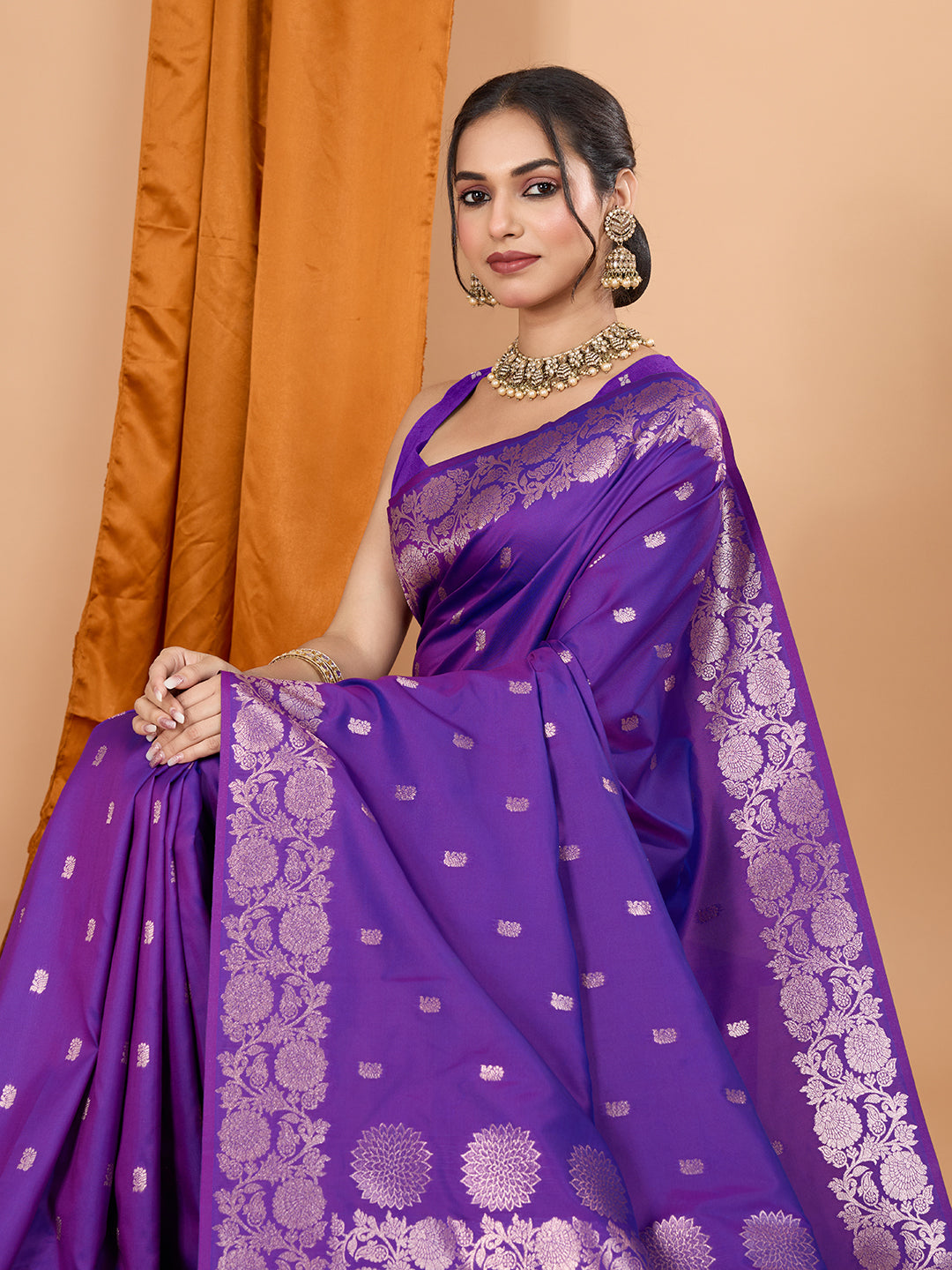 Purple Soft Banarasi Silk Saree Featuring Meenakari Zari Weaving & Tassels on Pallu