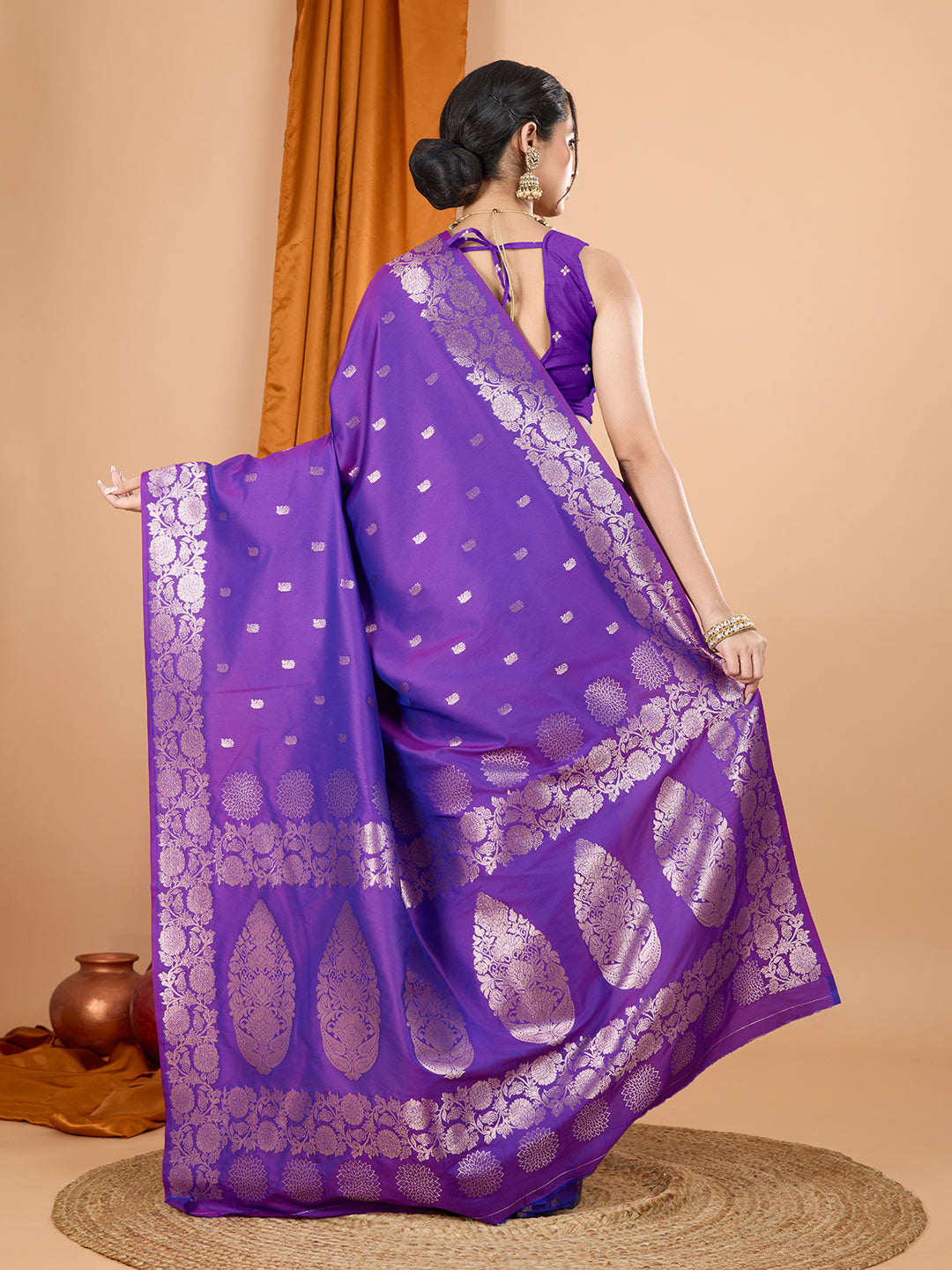 Purple Soft Banarasi Silk Saree Featuring Meenakari Zari Weaving & Tassels on Pallu