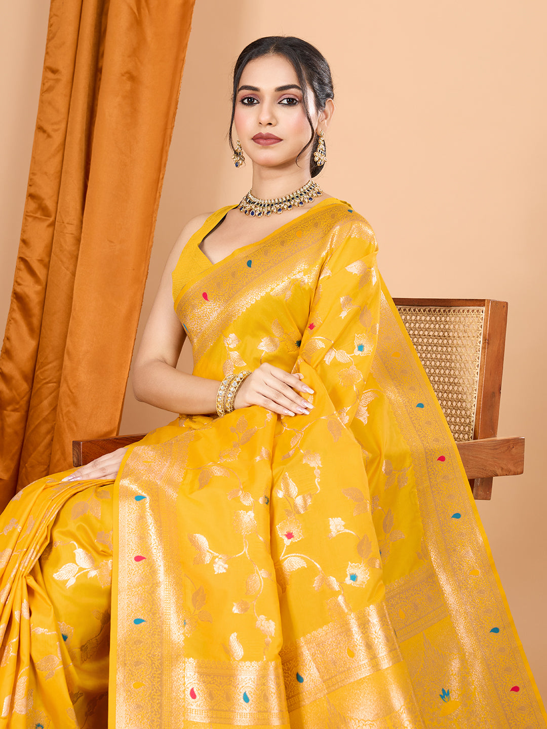 Yellow Soft Banarasi Silk Saree Featuring Meenakari Zari Weaving & Tassels on Pallu
