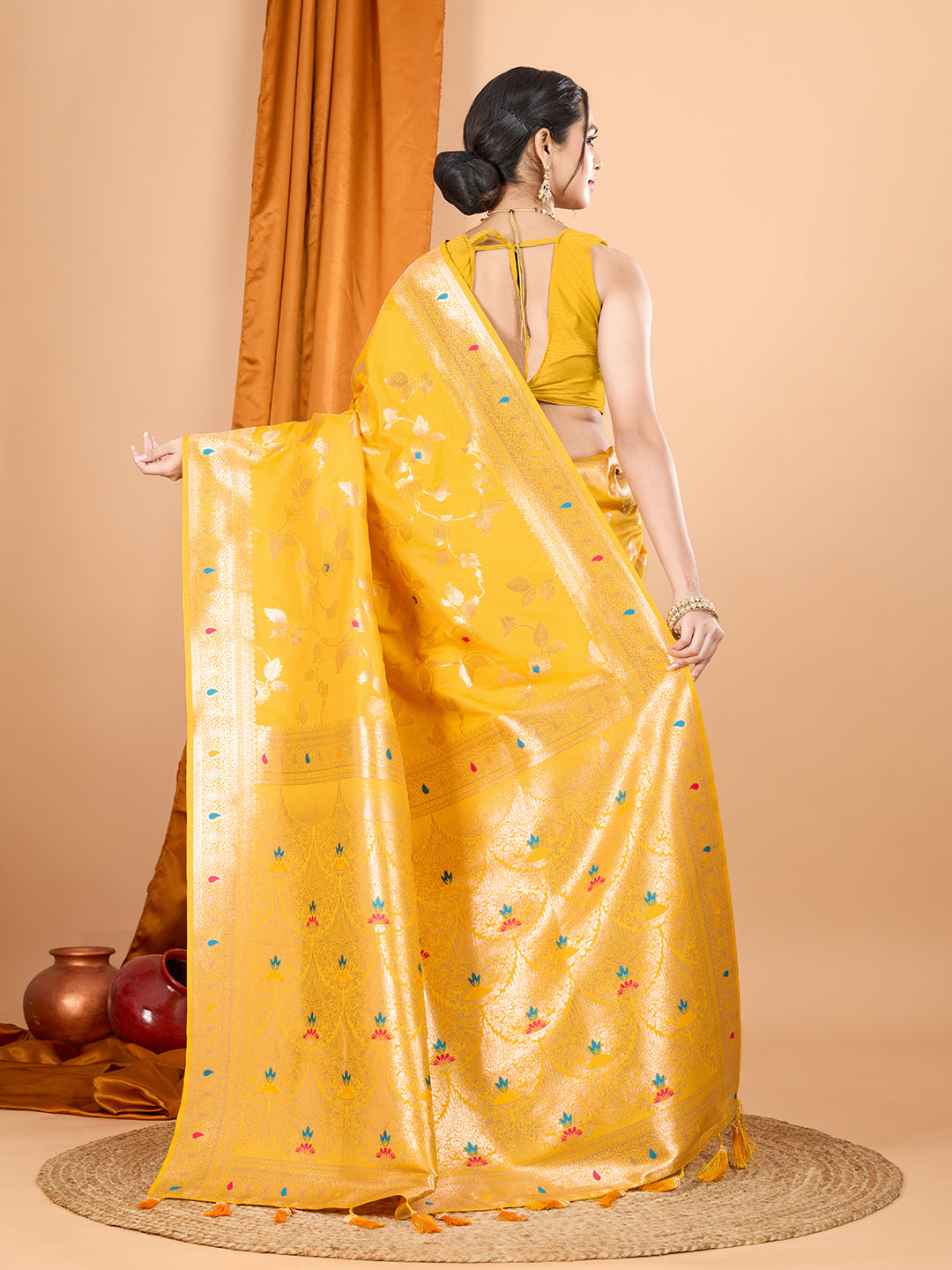 Yellow Soft Banarasi Silk Saree Featuring Meenakari Zari Weaving & Tassels on Pallu